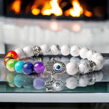 7 Chakra & Howlite White + Silver Hamsa Hand Evil Eye Custom Size Round Smooth Stretch Natural Gemstone Crystal Energy Bead Bracelet