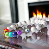 7 Chakra & Howlite White + Silver Hamsa Hand Evil Eye Custom Size Round Smooth Stretch Natural Gemstone Crystal Energy Bead Bracelet