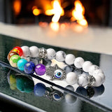 7 Chakra & Howlite White + Silver Hamsa Hand Evil Eye Custom Size Round Smooth Stretch Natural Gemstone Crystal Energy Bead Bracelet