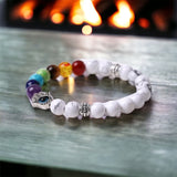 7 Chakra & Howlite White + Silver Hamsa Hand Evil Eye Custom Size Round Smooth Stretch Natural Gemstone Crystal Energy Bead Bracelet