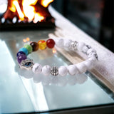 7 Chakra & Howlite White + Silver Hamsa Hand Evil Eye Custom Size Round Smooth Stretch Natural Gemstone Crystal Energy Bead Bracelet