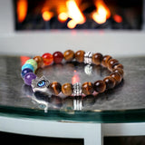 7 Chakra & Tiger’s Eye Yellow Golden Brown + Silver Hamsa Hand Evil Eye Custom Size Round Smooth Stretch Natural Gemstone Crystal Energy Bead Bracelet