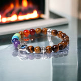 7 Chakra & Tiger’s Eye Yellow Golden Brown + Silver Hamsa Hand Evil Eye Custom Size Round Smooth Stretch Natural Gemstone Crystal Energy Bead Bracelet