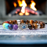 7 Chakra & Tiger’s Eye Yellow Golden Brown + Silver Hamsa Hand Evil Eye Custom Size Round Smooth Stretch Natural Gemstone Crystal Energy Bead Bracelet