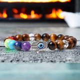 7 Chakra & Tiger’s Eye Yellow Golden Brown + Silver Hamsa Hand Evil Eye Custom Size Round Smooth Stretch Natural Gemstone Crystal Energy Bead Bracelet