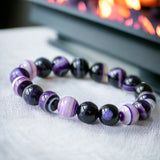 Agate - Banded Botswana Stripe Purple Agate Custom Size Round Smooth Stretch (8mm) Natural Gemstone Crystal Energy Bead Bracelet