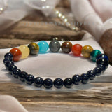 Solar System Universe Galaxy Star Cat Eye + Blue Goldstone Sandstone Multi Stone Round Smooth Stretch (8mm + 6mm) Natural Gemstone Crystal Energy Bead Bracelet