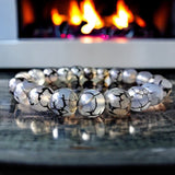 Agate - Dragon Vein Agate Black/White•Custom Size•Round Smooth Stretch Large (10mm Grande) Natural Gemstone Crystal Energy Bead Bracelet