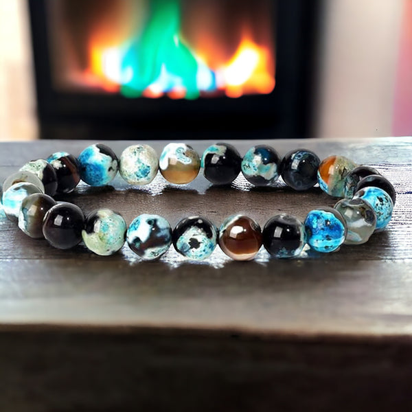 Agate - Fire Agate Green Blue Black Custom Size Round Smooth Stretch (8mm) Natural Gemstone Crystal Energy Bead Bracelet