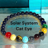 Solar System Universe Galaxy Star Cat Eye + Blue Goldstone Sandstone Multi Stone Round Smooth Stretch (8mm + 10mm) Natural Gemstone Crystal Energy Bead Bracelet