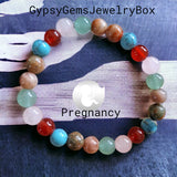 Intention - Pregnancy- Rose quartz + Carnelian + Turquoise + Green Aventurine + Moonstone + Unakite Custom Size Round Smooth Stretch (8mm) Natural Gemstone Crystal Energy Bead Bracelet