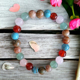 Intention - Pregnancy- Rose quartz + Carnelian + Turquoise + Green Aventurine + Moonstone + Unakite Custom Size Round Smooth Stretch (8mm) Natural Gemstone Crystal Energy Bead Bracelet
