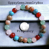 Intention - Pregnancy- Rose quartz + Carnelian + Turquoise + Green Aventurine + Moonstone + Unakite Custom Size Round Smooth Stretch (8mm) Natural Gemstone Crystal Energy Bead Bracelet