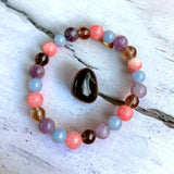 Intention - Grief & Loss - Lepidolite + Smoky Quartz + Rhodochrosite + Angelite Beads + One Apache Tear Natural Gemstone - Custom Size Round Smooth Stretch (8mm) Natural Gemstone Crystal Energy Bead Bracelet