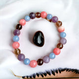 Intention - Grief & Loss - Lepidolite + Smoky Quartz + Rhodochrosite + Angelite Beads + One Apache Tear Natural Gemstone - Custom Size Round Smooth Stretch (8mm) Natural Gemstone Crystal Energy Bead Bracelet