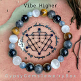 Intention - “Vibe Higher”, Raise Your Vibration - Selenite + Kyanite + Tiger Eye + Larvikite (Black Rainbow Labradorite) + Black Obsidian Custom Size Round Smooth Stretch (8mm) Natural Gemstone Crystal Energy Bead Bracelet