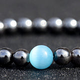 Hematite + Blue Cat Eye (Chrysoberyl ) Round Smooth Stretch (8mm) Natural Gemstone Crystal Energy Bead Bracelet