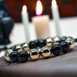 Pyrite + Black Onyx Round Smooth Stretch (8mm) Natural Gemstone Crystal Energy Bead Bracelet