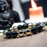 Pyrite + Black Onyx Round Smooth Stretch (8mm) Natural Gemstone Crystal Energy Bead Bracelet