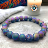 Agate - Druzy Aura Titanium (Flame) Rainbow Peacock Quartz Custom Size Frost Matte Rustic Round Stretch (8mm) Natural Gemstone Crystal Energy Bead Bracelet