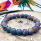 Agate - Druzy Aura Titanium (Flame) Rainbow Peacock Quartz Custom Size Frost Matte Rustic Round Stretch (8mm) Natural Gemstone Crystal Energy Bead Bracelet