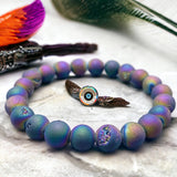 Agate - Druzy Aura Titanium (Flame) Rainbow Peacock Quartz Custom Size Frost Matte Rustic Round Stretch (8mm) Natural Gemstone Crystal Energy Bead Bracelet