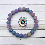 Agate - Druzy Aura Titanium (Flame) Rainbow Peacock Quartz Custom Size Frost Matte Rustic Round Stretch (8mm) Natural Gemstone Crystal Energy Bead Bracelet