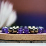 Intention - Rise Above - Amethyst + Pyrite Custom Size Round Smooth Stretch (8mm) Natural Gemstone Crystal Energy Bead Bracelet