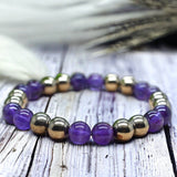 Intention - Rise Above - Amethyst + Pyrite Custom Size Round Smooth Stretch (8mm) Natural Gemstone Crystal Energy Bead Bracelet