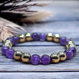 Intention - Rise Above - Amethyst + Pyrite Custom Size Round Smooth Stretch (8mm) Natural Gemstone Crystal Energy Bead Bracelet