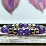 Intention - Rise Above - Amethyst + Pyrite Custom Size Round Smooth Stretch (8mm) Natural Gemstone Crystal Energy Bead Bracelet