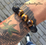 Lava Stone•Black Lava Rock + Tiger Eye Aromatherapy Custom Size Round Stretch (12mm Grandi X-Large) Natural Gemstone Crystal Energy Bead Bracelet