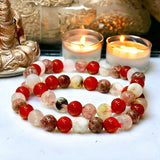 Intention - Attract Love, Passion & Positivity - Carnelian + Strawberry Quartz + Flower Agate Custom Size Round Smooth Stretch (8mm) Natural Gemstone Crystal Energy Bead Bracelet