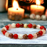 Intention - Attract Love, Passion & Positivity - Carnelian + Strawberry Quartz + Flower Agate Custom Size Round Smooth Stretch (8mm) Natural Gemstone Crystal Energy Bead Bracelet