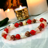 Intention - Attract Love, Passion & Positivity - Carnelian + Strawberry Quartz + Flower Agate Custom Size Round Smooth Stretch (8mm) Natural Gemstone Crystal Energy Bead Bracelet