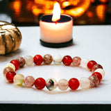 Intention - Attract Love, Passion & Positivity - Carnelian + Strawberry Quartz + Flower Agate Custom Size Round Smooth Stretch (8mm) Natural Gemstone Crystal Energy Bead Bracelet