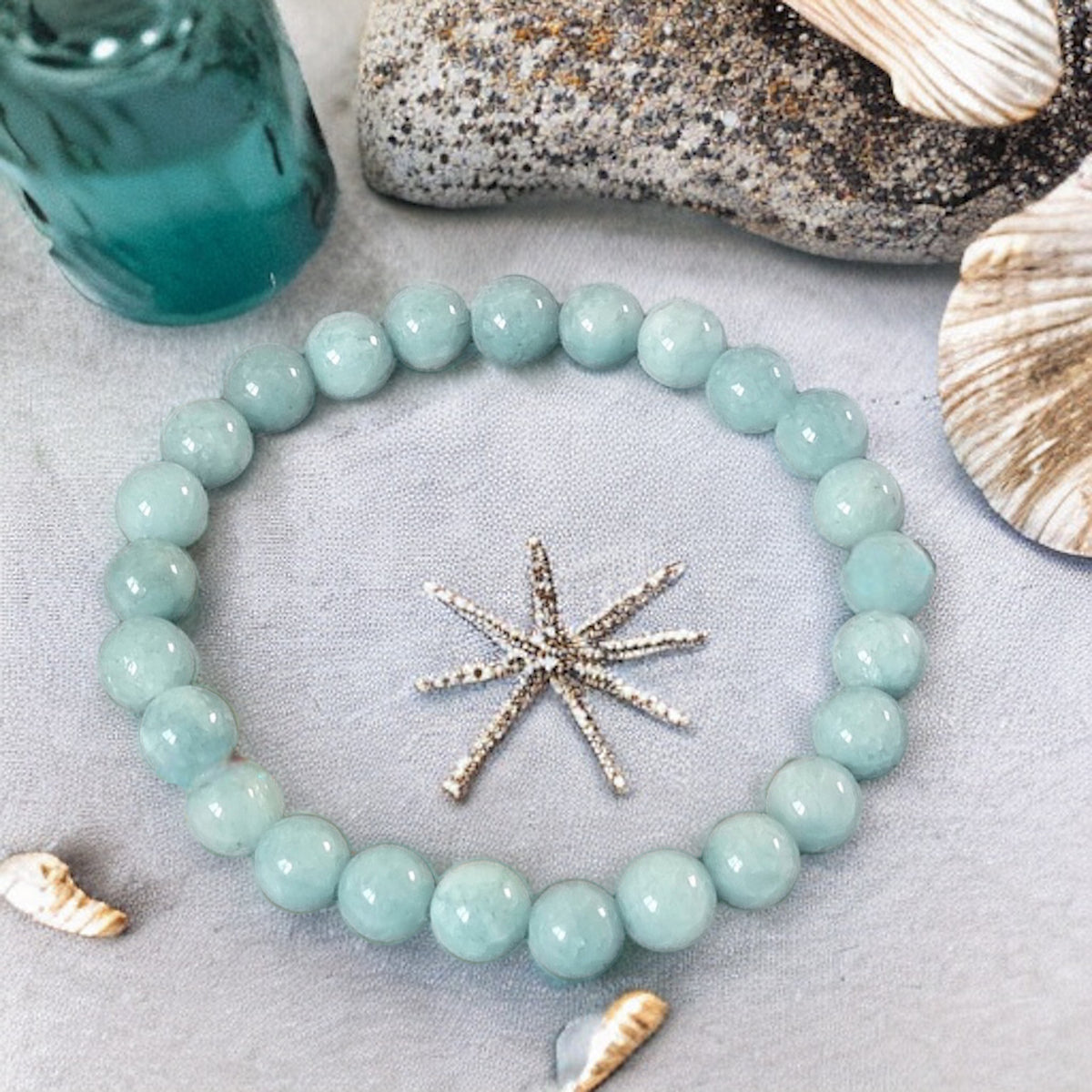 Aquamarine Round outlets Elastic Beaded Bracelet