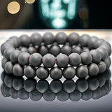 Hematite Black/Gray Custom Size Matte Rustic Round Stretch (8mm) Natural Gemstone Crystal Energy Bead Bracelet