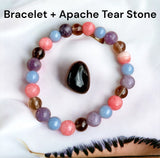 Intention - Grief & Loss - Lepidolite + Smoky Quartz + Rhodochrosite + Angelite Beads + One Apache Tear Natural Gemstone - Custom Size Round Smooth Stretch (8mm) Natural Gemstone Crystal Energy Bead Bracelet