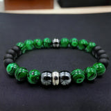 Malachite + Hematite + Black Onyx Custom Size Mens Round Smooth Stretch (8mm) Natural Gemstone Crystal Energy Bead Bracelet