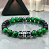 Malachite + Hematite + Black Onyx Custom Size Mens Round Smooth Stretch (8mm) Natural Gemstone Crystal Energy Bead Bracelet