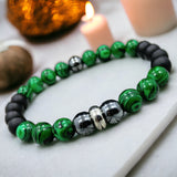 Malachite + Hematite + Black Onyx Custom Size Mens Round Smooth Stretch (8mm) Natural Gemstone Crystal Energy Bead Bracelet