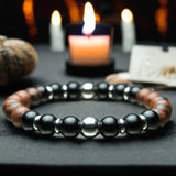 Obsidian - Mahogany Obsidian + Black Onyx + Silver Hematite Custom Size Round Smooth Stretch (8mm) Natural Gemstone Crystal Energy Bead Bracelet
