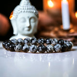 Obsidian - Snowflake Obsidian Custom Size Round Smooth Stretch (8mm) Natural Gemstone Crystal Energy Bead Bracelet