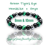 Triple Protection - Tiger’s Eye Green + Black Onyx + Hematite Custom Size, Opportunity Seeker Bracelet, Round Smooth Stretch (8mm or 10mm beads) Natural Gemstone Crystal Energy Bead Bracelet