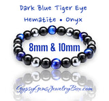 Triple Protection - Tiger Eye Royal Blue + Black Onyx + Hematite Custom Size Round Smooth Stretch (8mm or 10mm beads) Natural Gemstone Crystal Energy Bead Bracelet