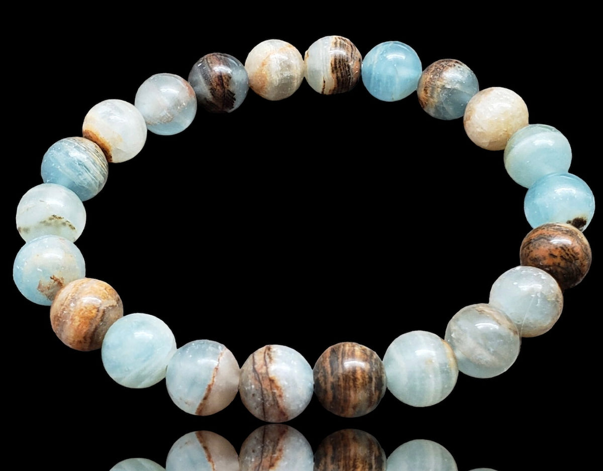 Calcite - Blue Lemurian Caribbean Aquatic Argentinia Calcite Round Smooth  Stretch (8mm) Natural Gemstone Crystal Energy Bead Bracelet