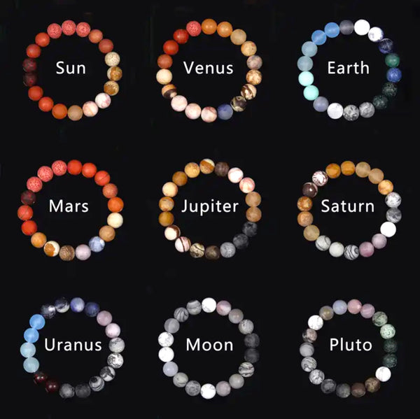 Solar System Universe Galaxy Planets Natural Gemstone Stretch Energy Bead Bracelet 10mm