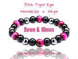 Triple Protection - Tiger’s Eye Pink Rose + Black Onyx + Hematite Custom Size, Trinity of Love Bracelet, Round Smooth Stretch (8mm or 10mm beads) Natural Gemstone Crystal Energy Bead Bracelet
