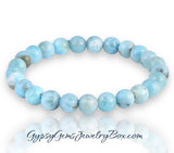 Larimar Dominican Caribbean Blue•Custom Size•Round Smooth Stretch (8mm) Natural Gemstone Crystal Energy Bead Bracelet
